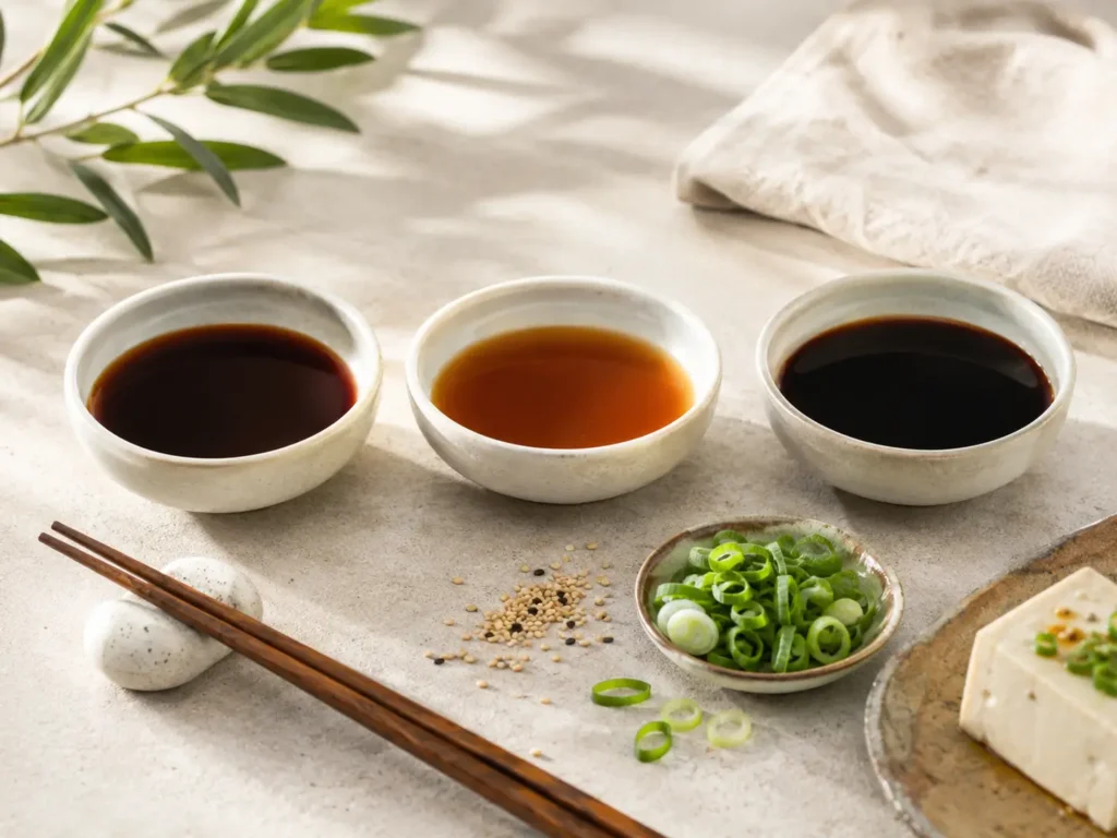 Vergleich von Shoyu, Tamari und heller japanischer Sojasauce in kleinen Schalen
