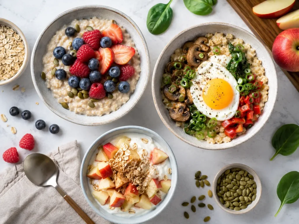 Sinnvoller Hafertag zum Abnehmen mit Porridge, herzhafter Hafer-Bowl und Joghurt