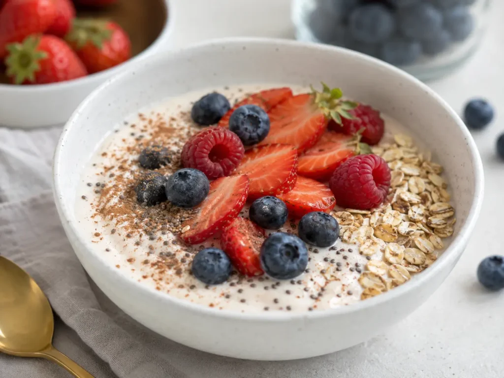 Skyr Bowl mit Beeren und Haferflocken als eiweißreiches Frühstück zum Abnehmen