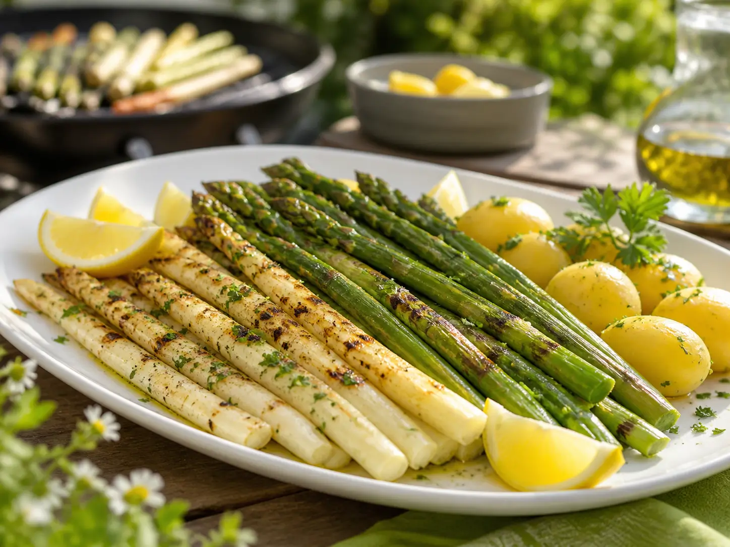 Spargel grillen mit grünem und weißem Spargel auf einer Servierplatte