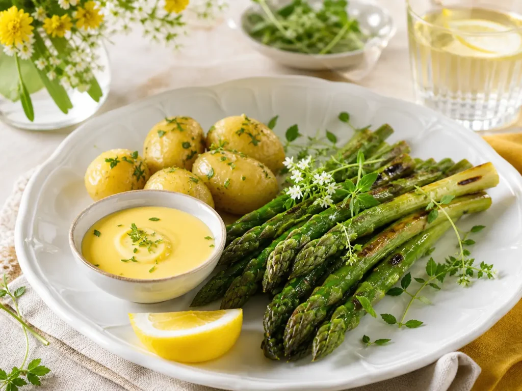 Gegrillter Spargel mit Kartoffeln und Sauce Hollandaise als Serviervorschlag