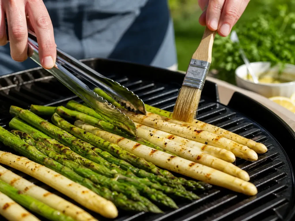 Spargel grillen auf dem Grillrost mit grünem Spargel und weißem Spargel