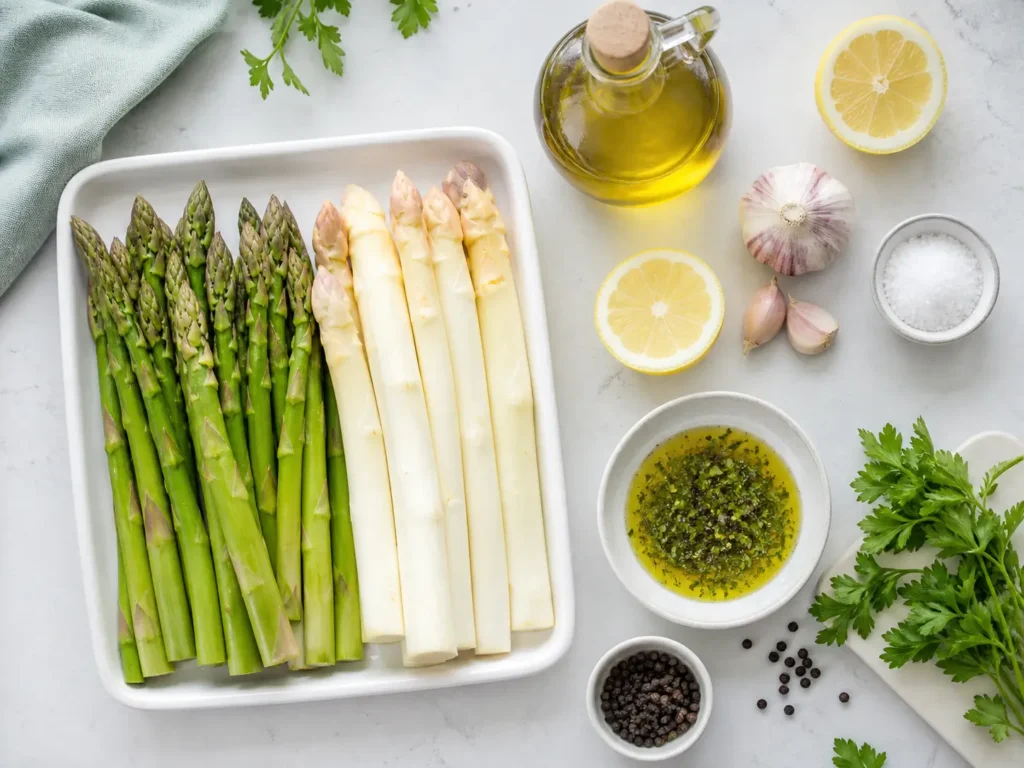 Zutaten für spargel grillen mit grünem Spargel weißem Spargel Öl Zitrone und Kräutern