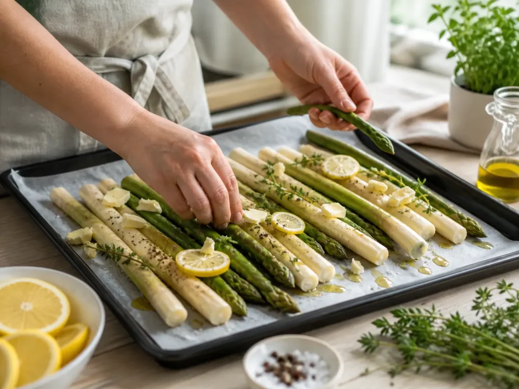 Spargel im Backofen auf dem Backblech vorbereiten