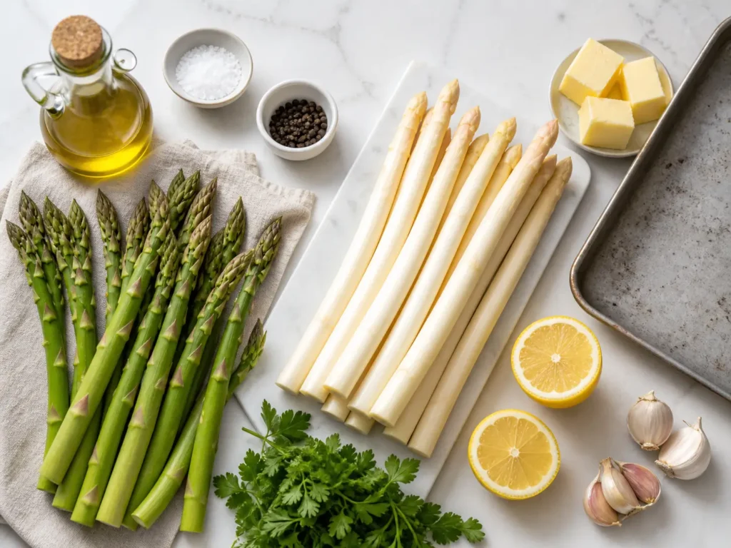 Zutaten für Spargel im Backofen mit Olivenöl Zitrone Butter und Kräutern