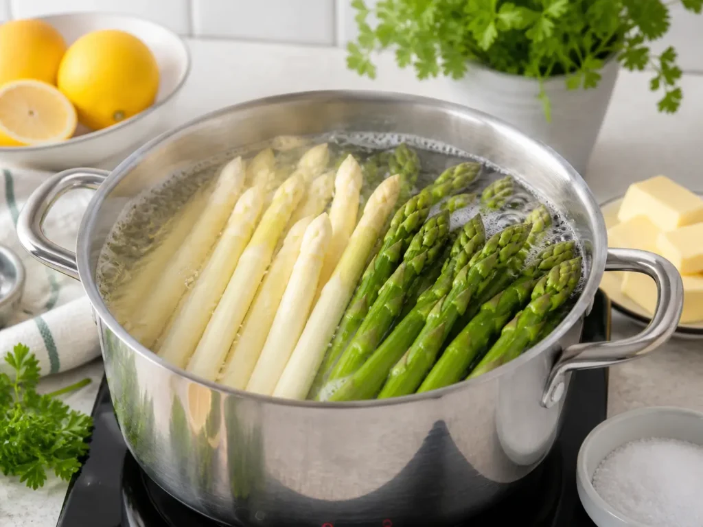 Spargel kochen mit weißem und grünem Spargel im Topf