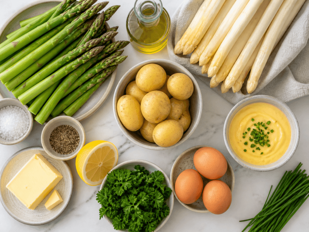 Grüner und weißer Spargel mit Kartoffeln Zitrone Kräutern Butter und Sauce Zutaten