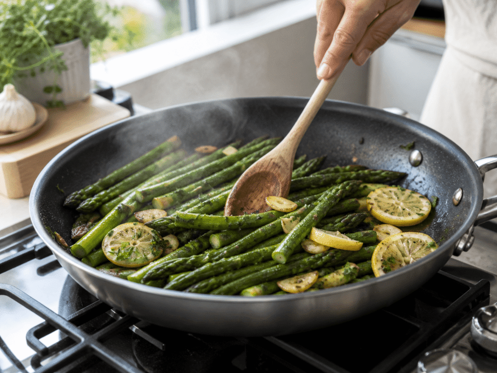 Spargel zubereiten in der Pfanne mit grünem Spargel Knoblauch und Zitrone