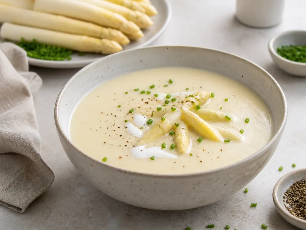 Spargelcremesuppe Rezept cremig mit weißem Spargel und frischen Kräutern