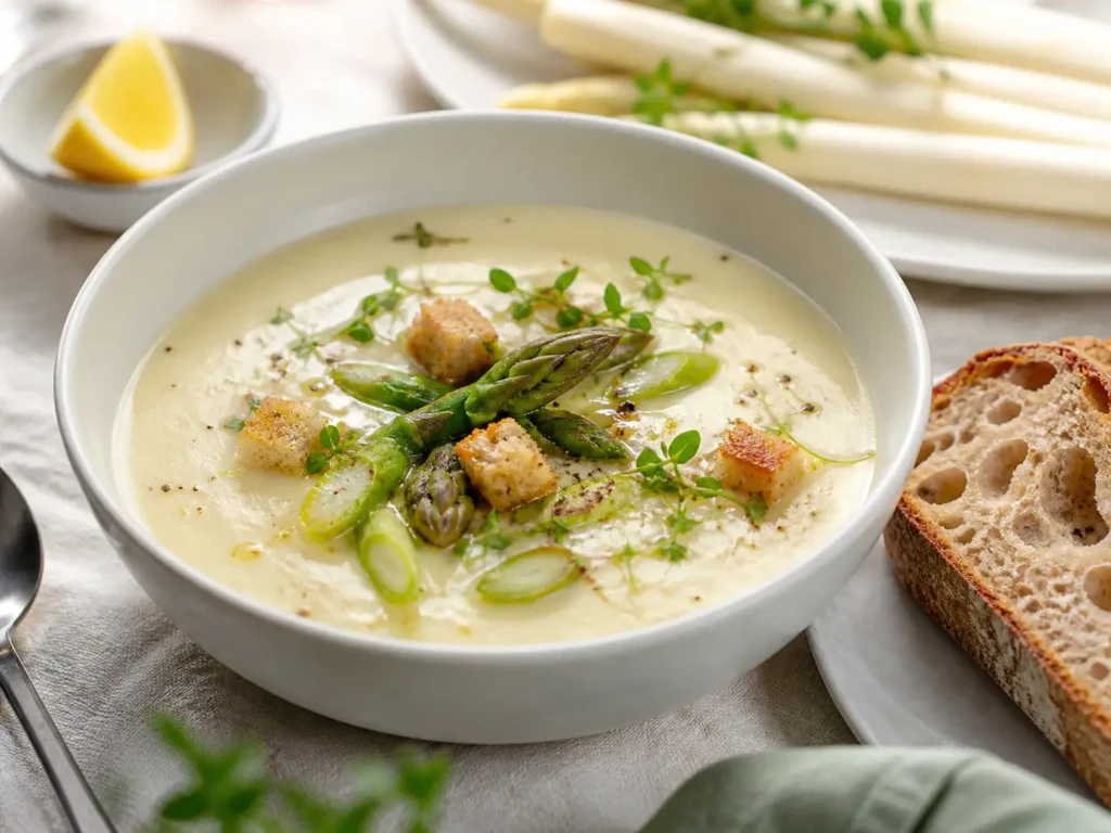 Spargelcremesuppe Rezept serviert mit Brot Spargelspitzen und Kräutern