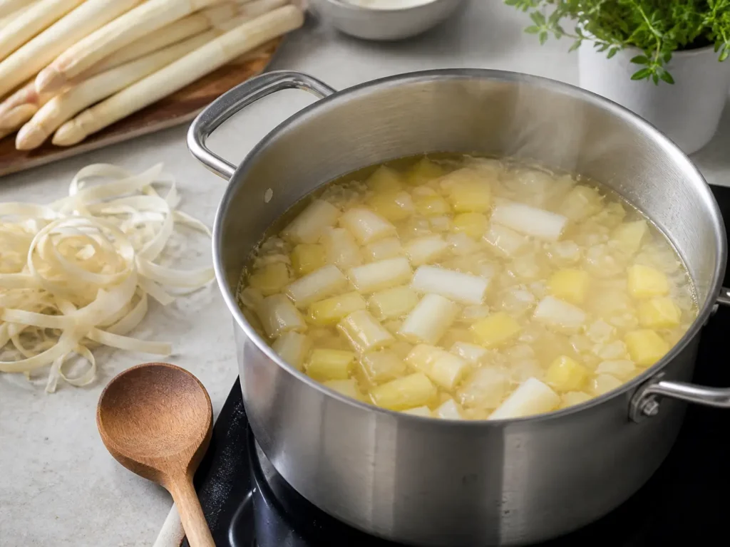 Spargelcremesuppe Rezept Zubereitung mit Spargelstücken im Topf