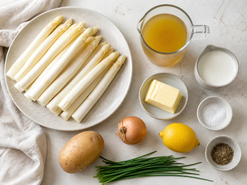 Zutaten für Spargelcremesuppe Rezept mit weißem Spargel Kartoffel Sahne und Brühe