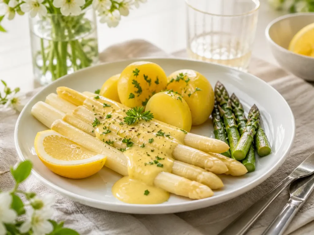 Fertiges Spargelgericht mit weißem Spargel Kartoffeln Kräutern und cremiger Sauce
