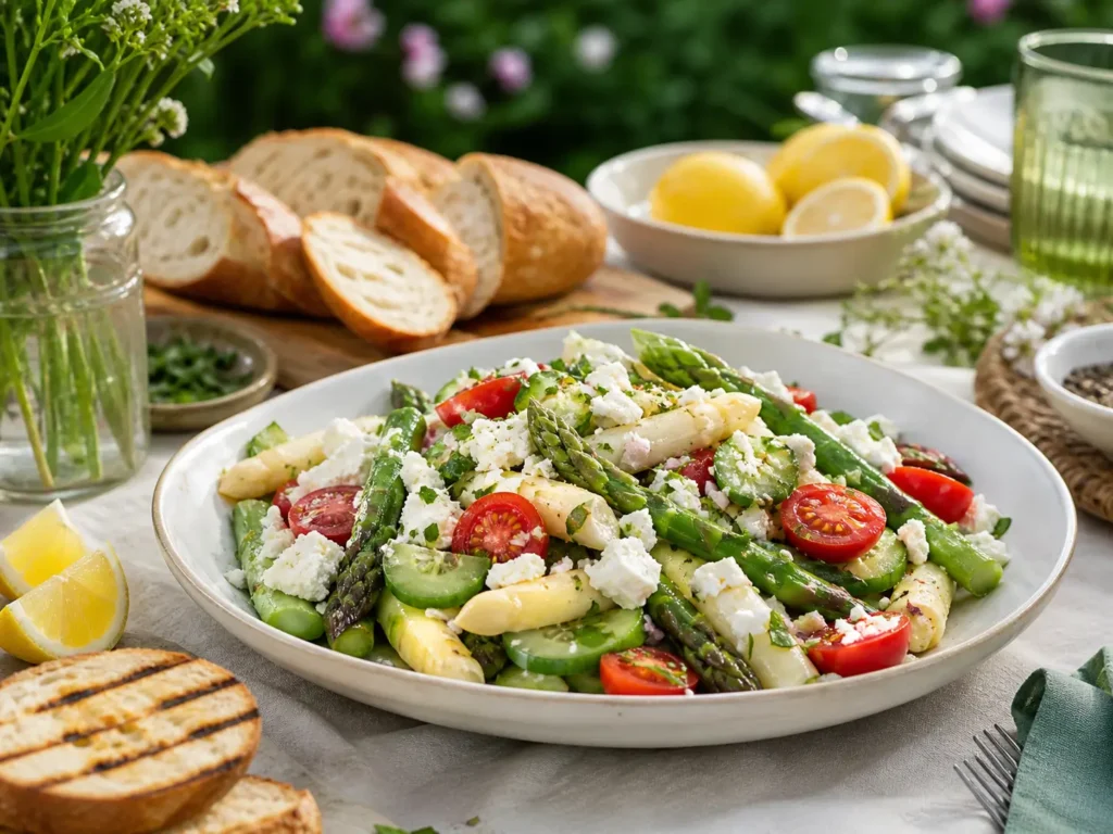 Frischer Spargelsalat als Grillbeilage mit Brot, Zitrone, Feta und Kräutern