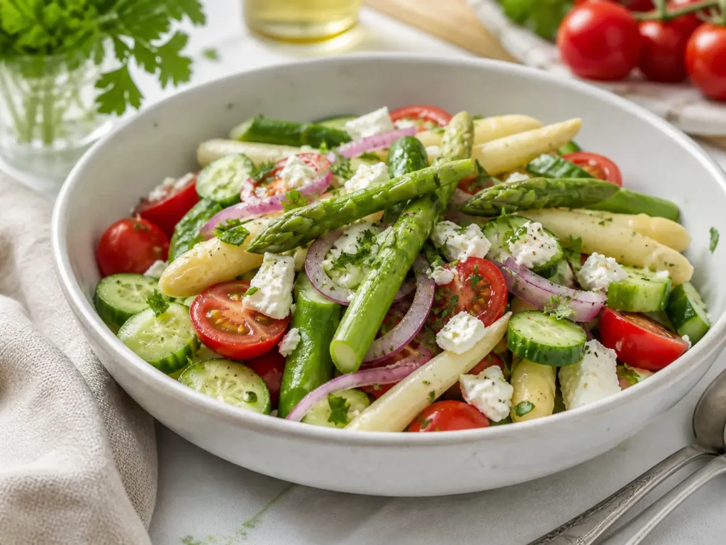 Spargelsalat Rezept mit grünem und weißem Spargel, Tomaten, Gurke und Feta