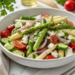Spargelsalat Rezept mit grünem und weißem Spargel, Tomaten, Gurke und Feta