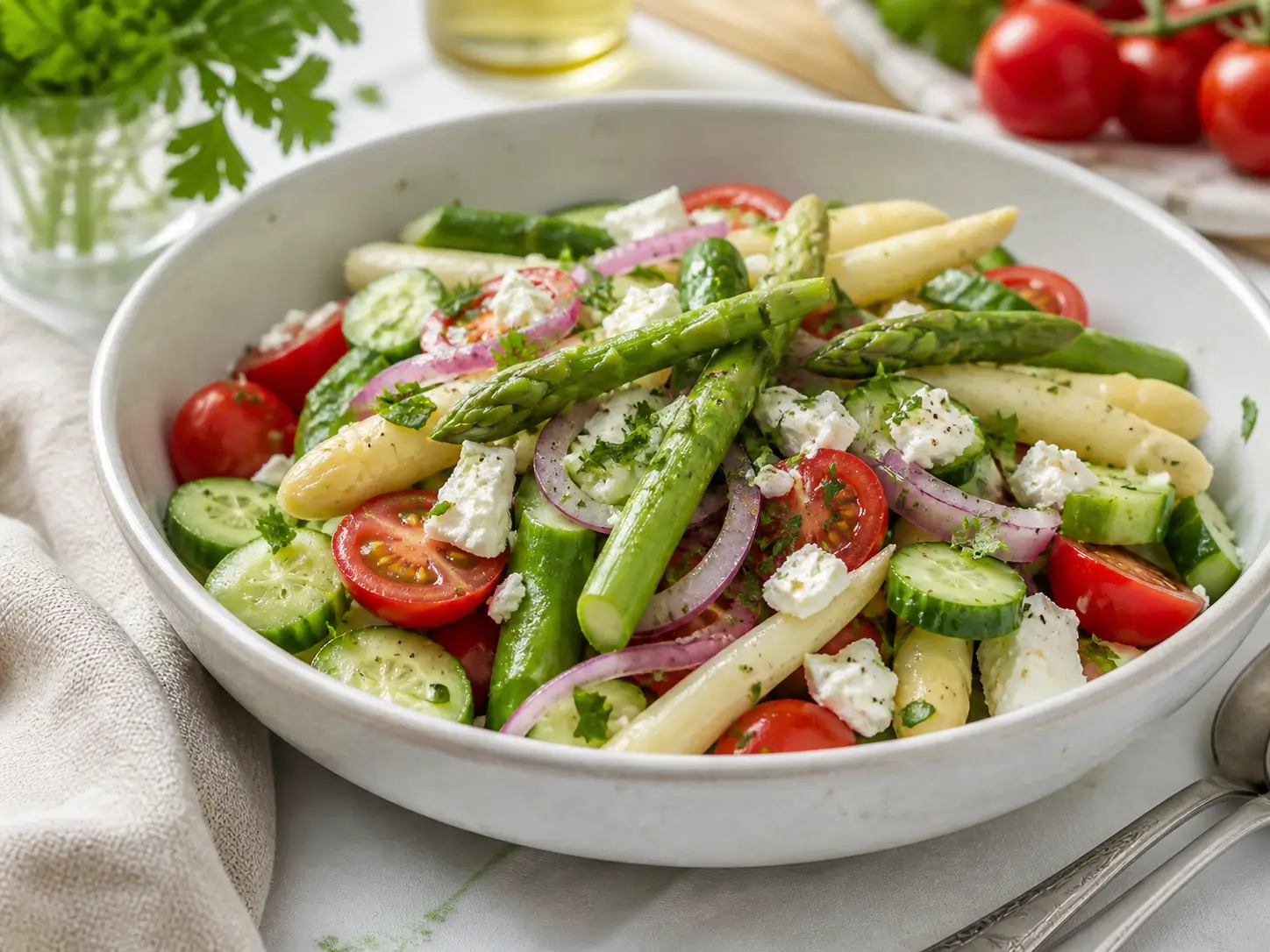 Spargelsalat Rezept mit grünem und weißem Spargel, Tomaten, Gurke und Feta