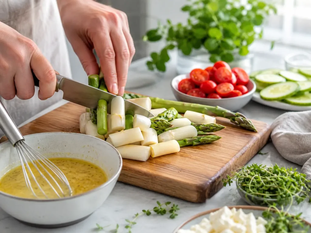 Spargel für Spargelsalat schneiden und Dressing mit Zitrone, Öl und Senf anrühren