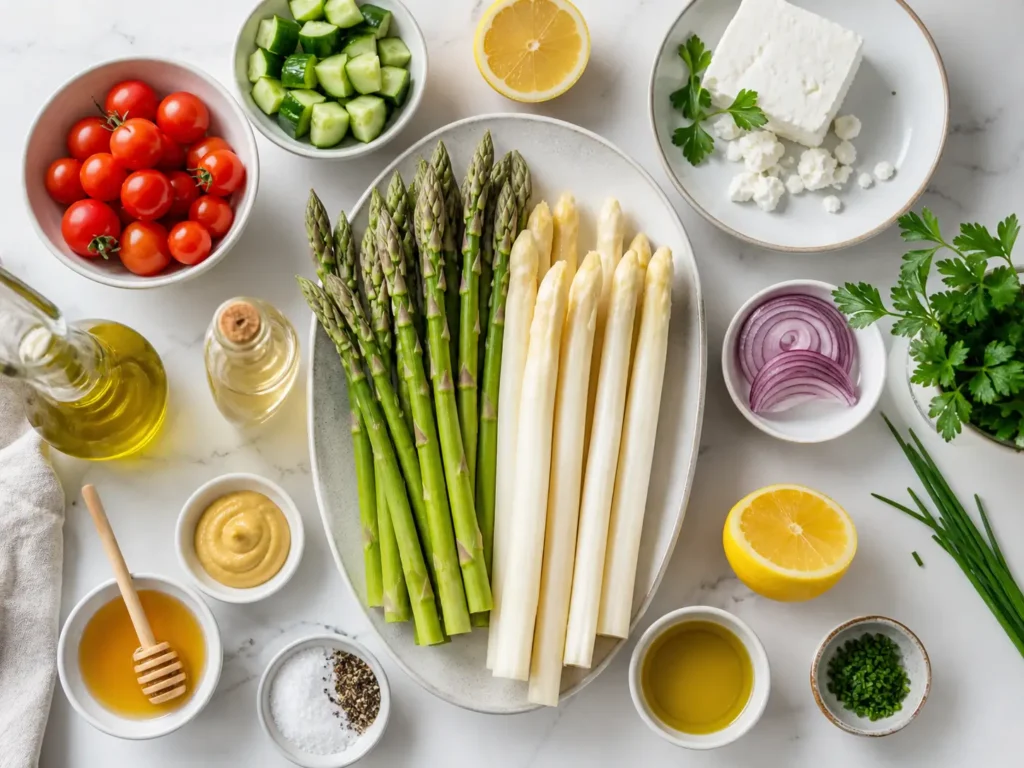 Zutaten für Spargelsalat mit Spargel, Tomaten, Gurke, Feta, Zitrone und Kräutern