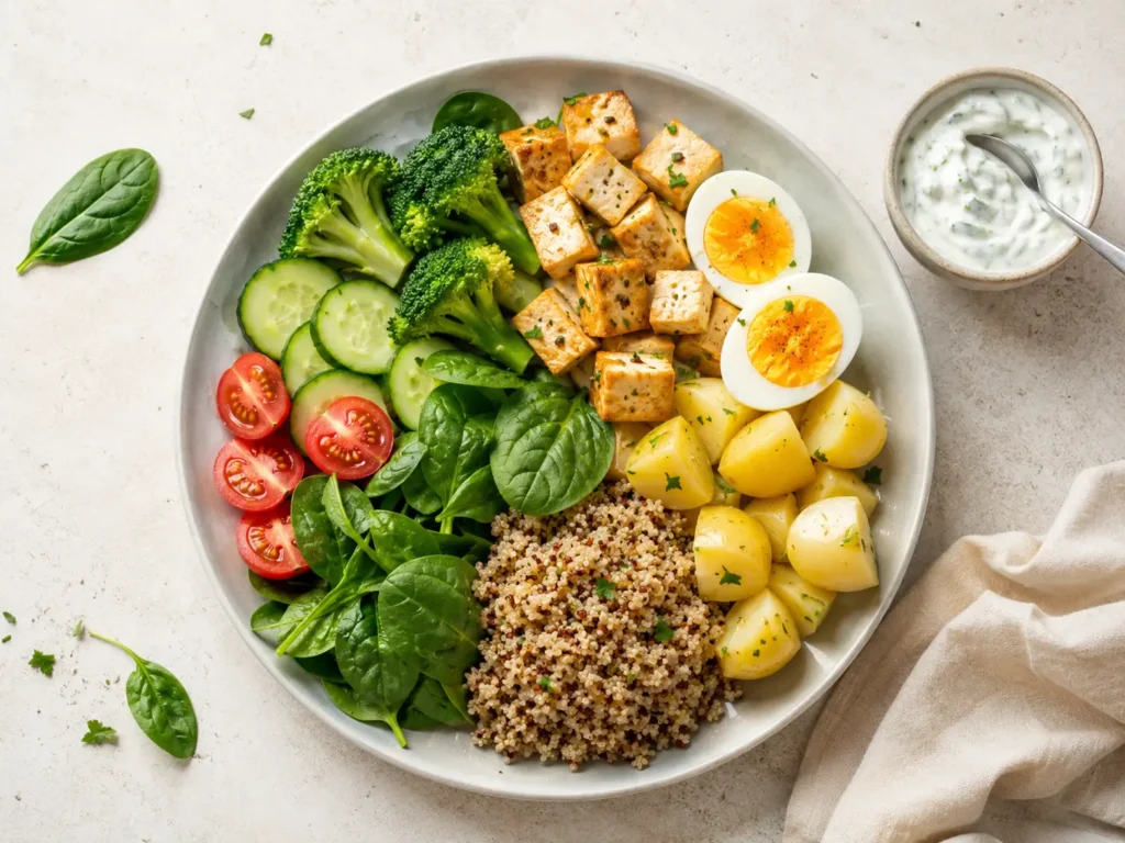 Teller Formel für Abendessen zum Abnehmen mit Gemüse Eiweiß und Kartoffeln