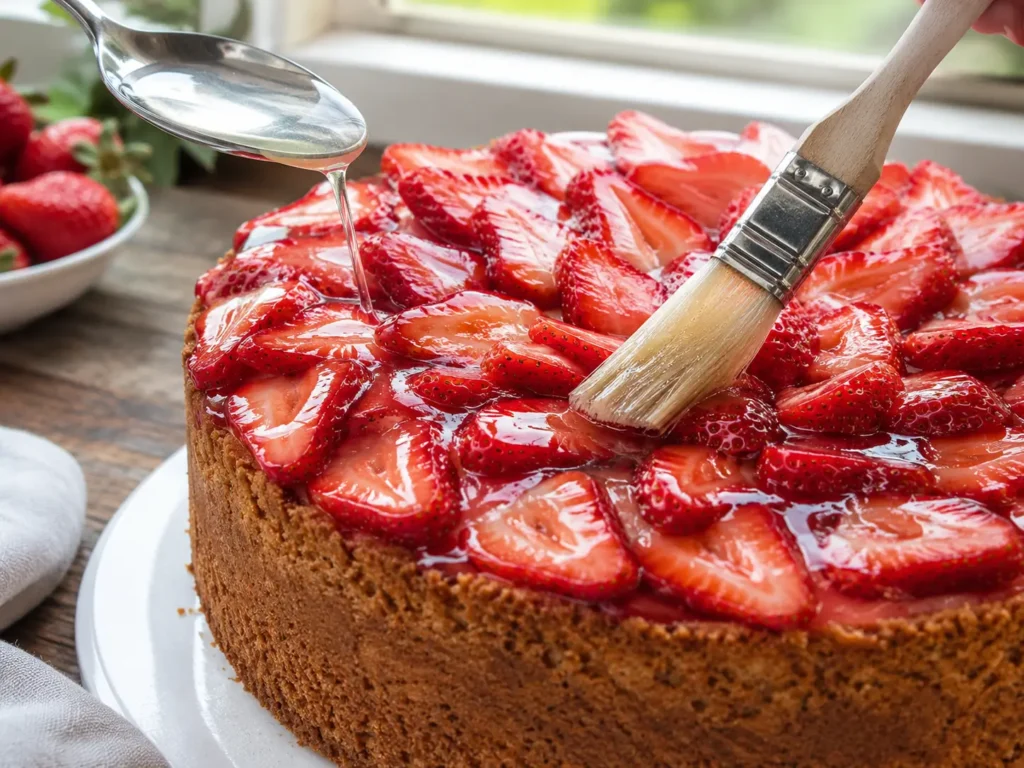 Klarer Tortenguss ohne Gelatine wird über Erdbeeren auf dem Kuchen verteilt