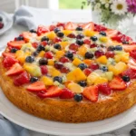 Klarer Tortenguss ohne Gelatine auf einem Obstkuchen mit Erdbeeren