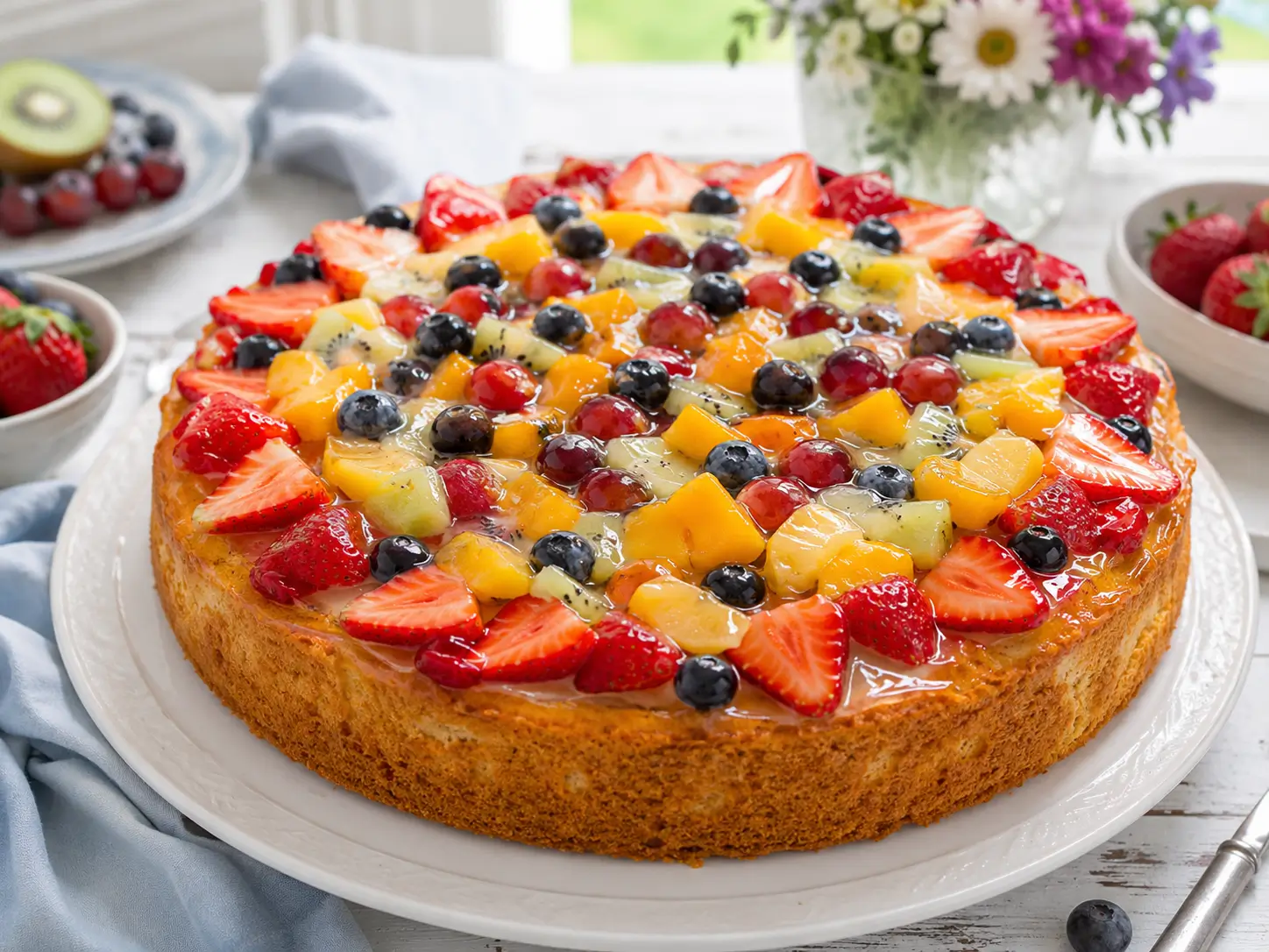 Klarer Tortenguss ohne Gelatine auf einem Obstkuchen mit Erdbeeren