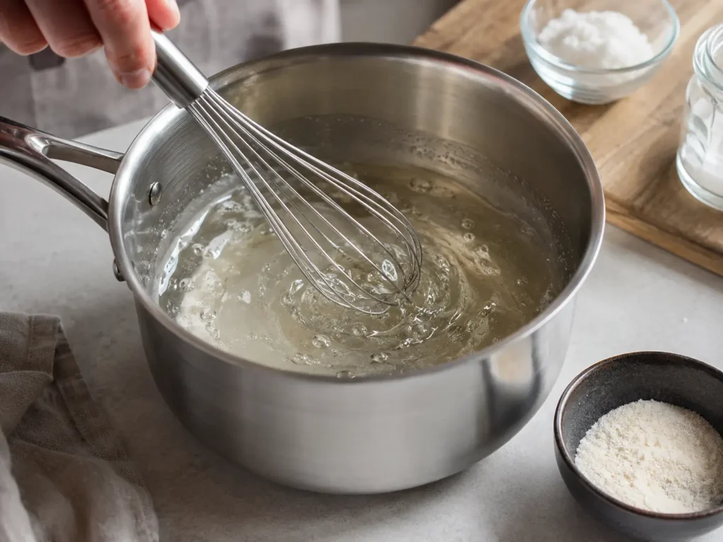 Tortenguss ohne Gelatine wird in einem kleinen Topf angerührt