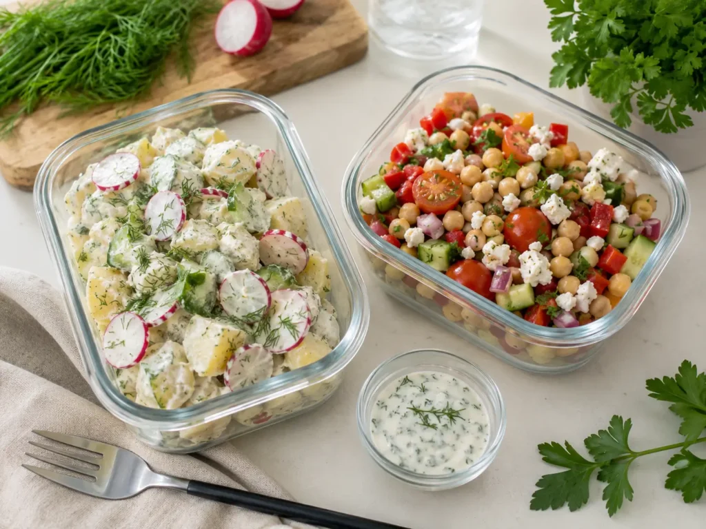 Über Nacht Salat fürs Büro mit Kartoffelsalat und Kichererbsensalat in Meal-Prep-Boxen