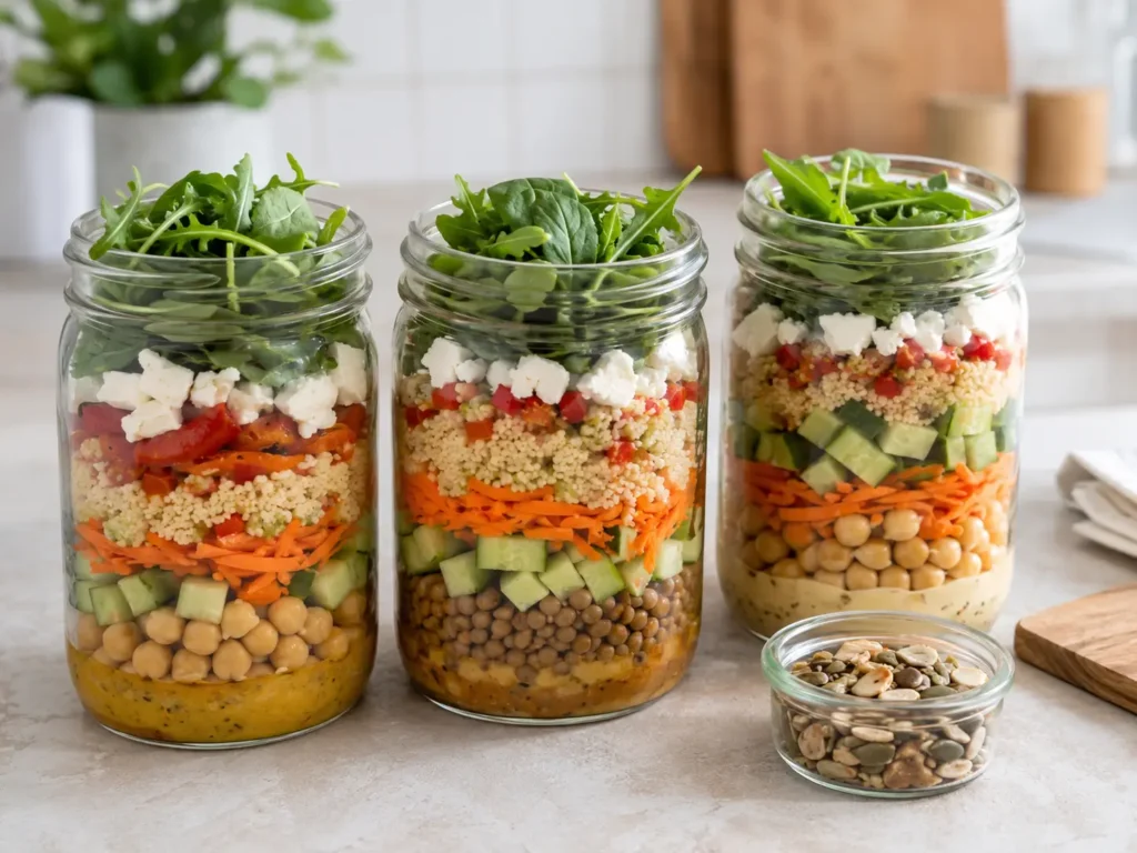 Über Nacht Salat im Glas richtig schichten mit Dressing, Kichererbsen, Gemüse und Feta