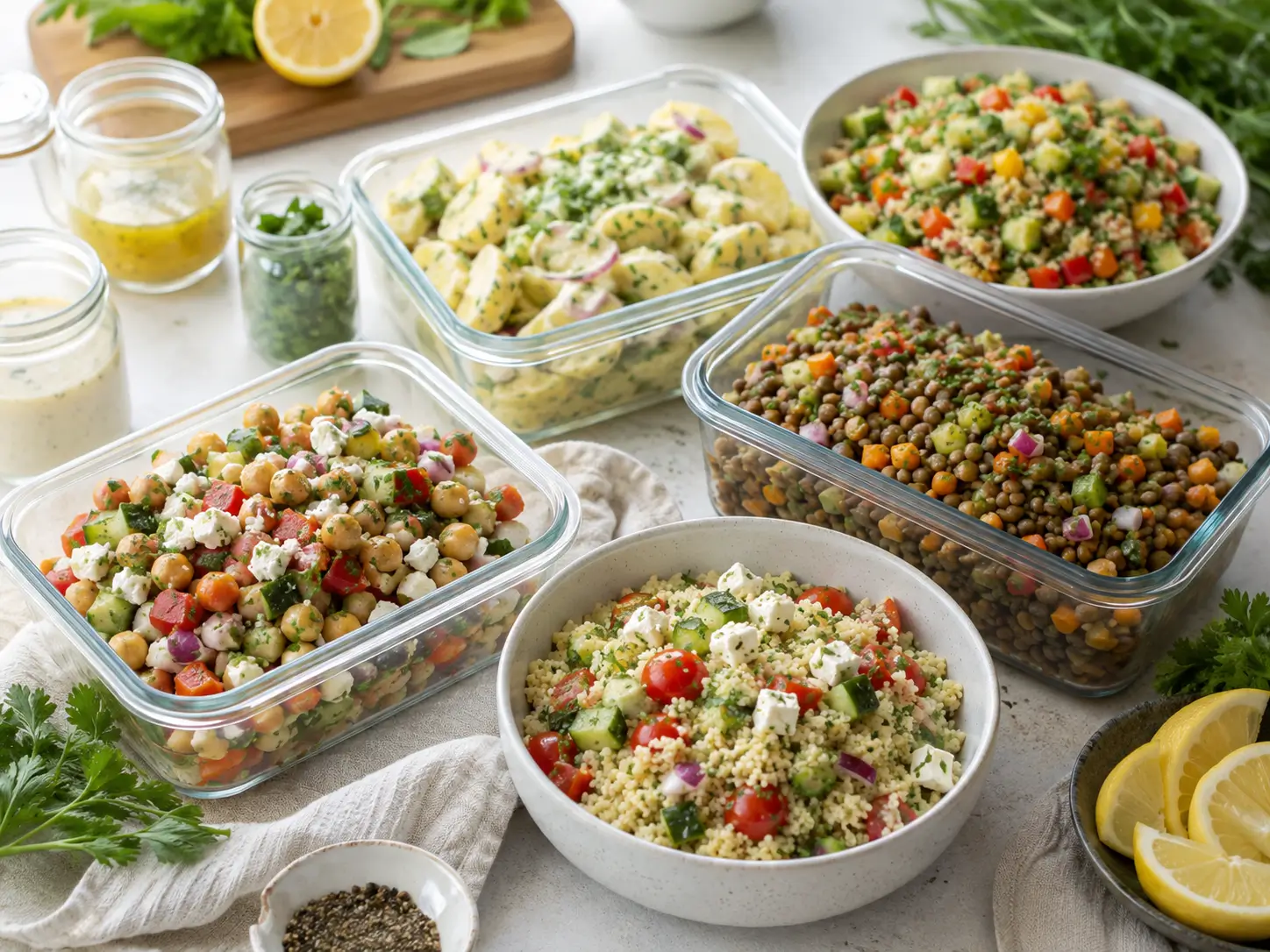 Über Nacht Salat Meal Prep mit Couscous, Kichererbsen, Linsen und Kartoffelsalat
