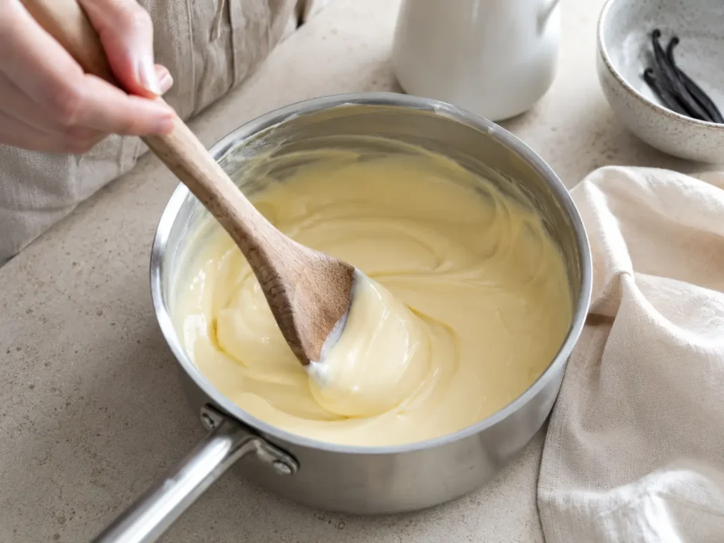 Vanillecreme für Erdbeerkuchen ohne Gelatine wird im Topf cremig gekocht