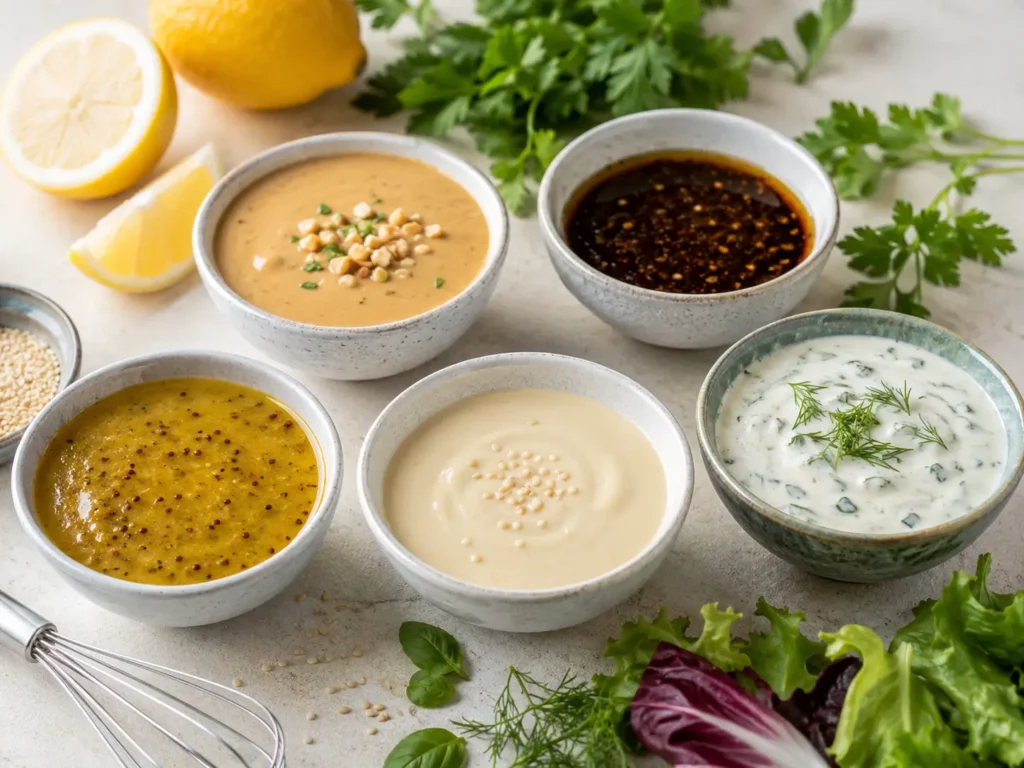 Vegane Salatdressings mit Tahini, Zitrone, Erdnuss und Kräutern