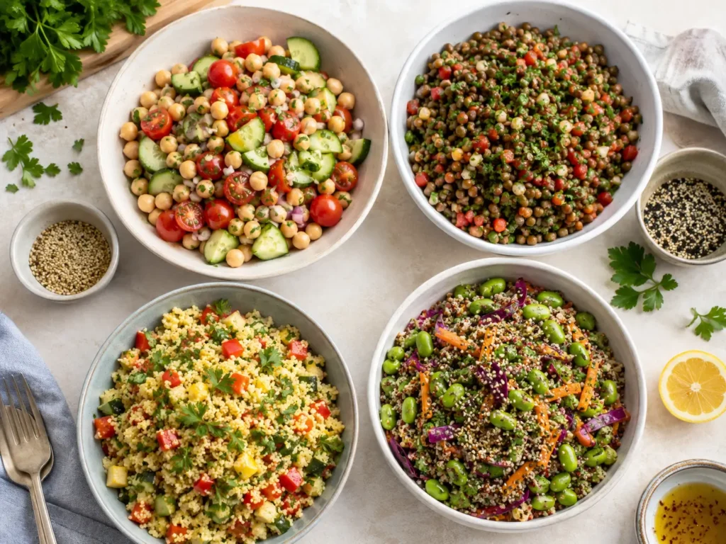 Zutaten für sättigenden veganen Salat mit Hülsenfrüchten, Gemüse und Dressing