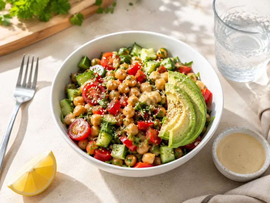 Veganer Salat als sättigendes Hauptgericht mit Kichererbsen und Avocado
