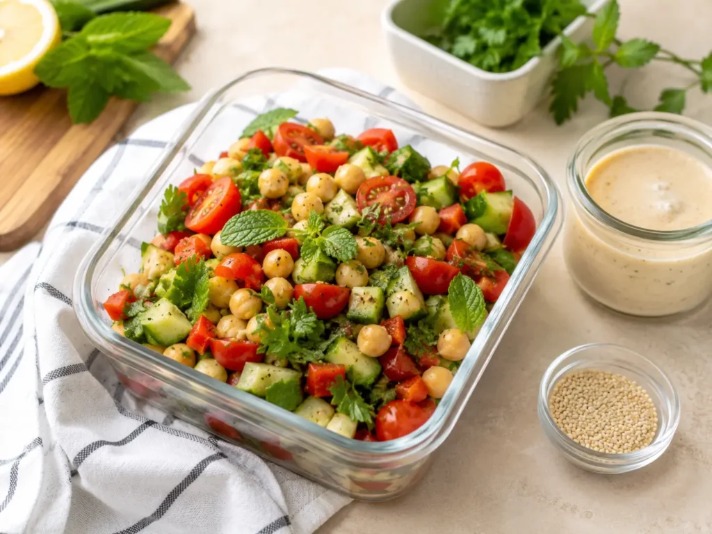 Veganer Salat Meal Prep mit Kichererbsen und Dressing im Glas