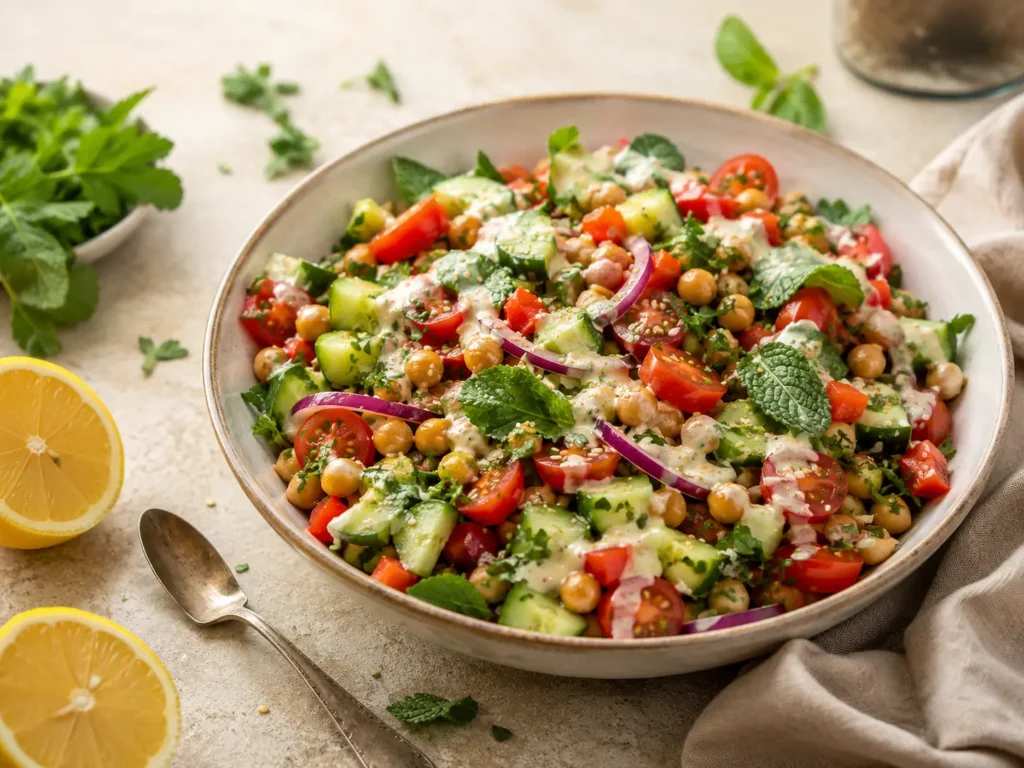 Veganer Salat mit Kichererbsen, Gurke, Tomaten und cremigem Tahini-Dressing