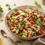 Veganer Salat mit Kichererbsen, Gurke, Tomaten und cremigem Tahini-Dressing