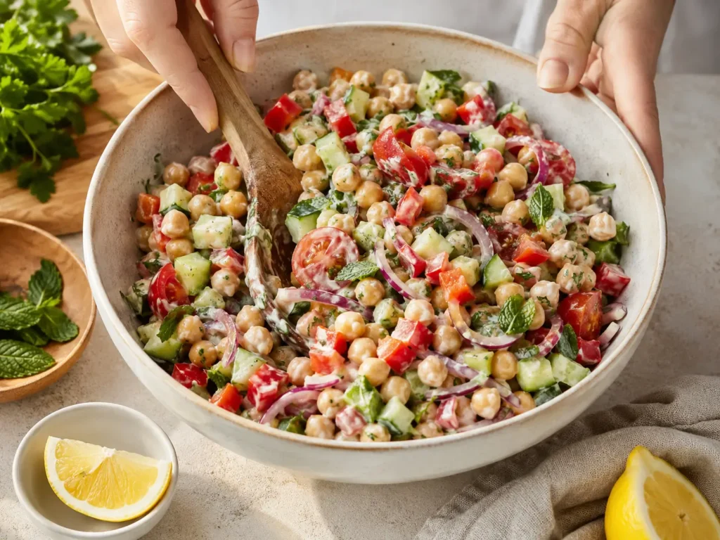 Veganer Salat wird mit Kichererbsen, Gemüse und Tahini-Dressing gemischt