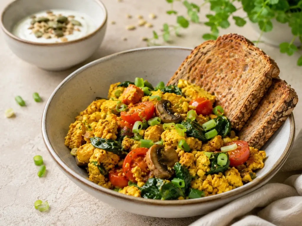 Veganes Protein Frühstück mit Tofu Rührei Spinat Tomaten und Vollkornbrot