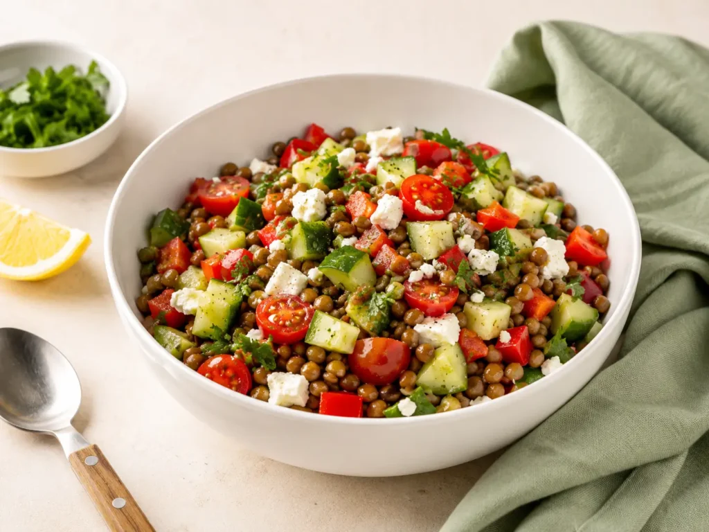 Vegetarische eiweißreiche Rezepte mit Linsensalat, Feta und frischem Gemüse