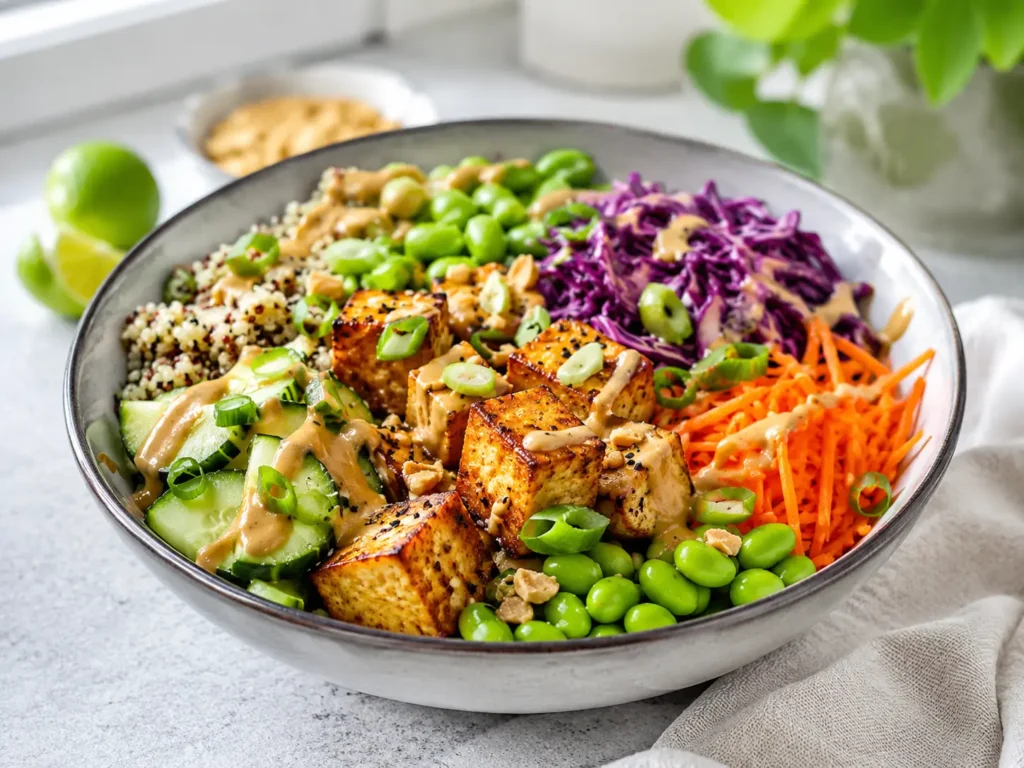 Vegetarische High Protein Bowl mit Tofu, Quinoa, Edamame und Gemüse
