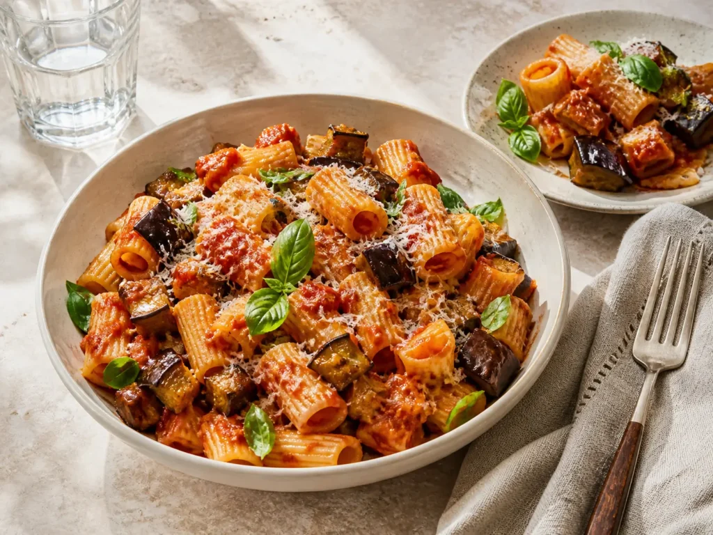 Vegetarische Pasta alla Norma serviert mit Basilikum Käse und Tomatensauce