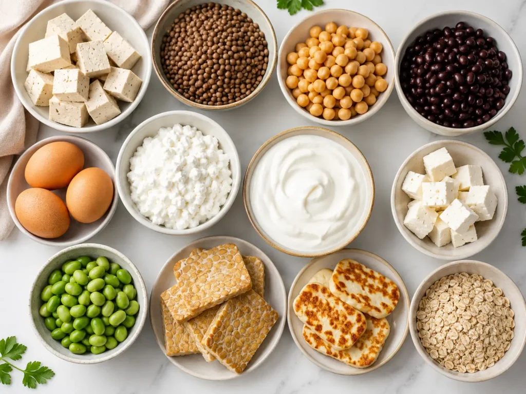 Vegetarische Proteinquellen wie Tofu, Linsen, Kichererbsen, Eier, Skyr, Hüttenkäse und Edamame