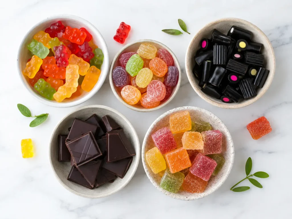 Vegetarische Süßigkeiten Auswahl mit Fruchtgummis, Bonbons, Lakritz und Schokolade