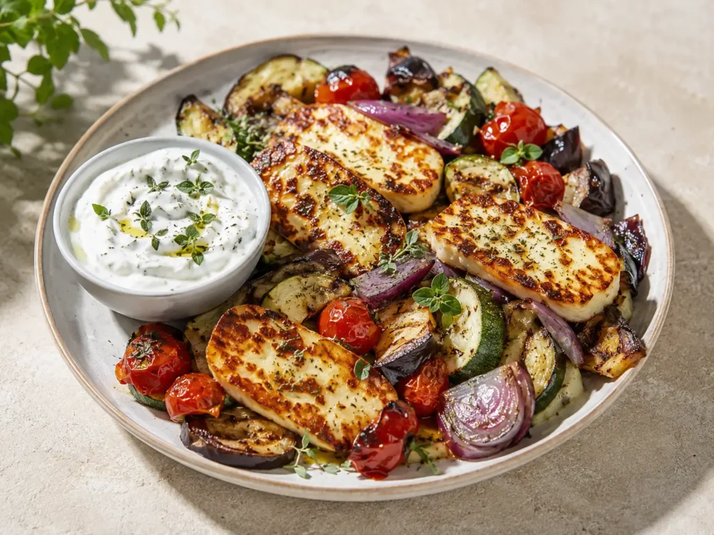 Vegetarisches Abendessen ohne Kohlenhydrate mit Halloumi und Ofengemüse