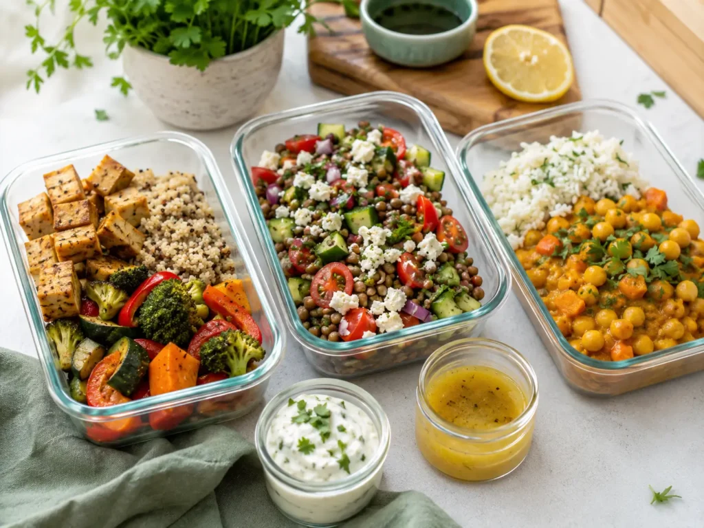Vegetarische High Protein Meal Prep Boxen mit Tofu, Linsen, Kichererbsen, Quinoa und Gemüse