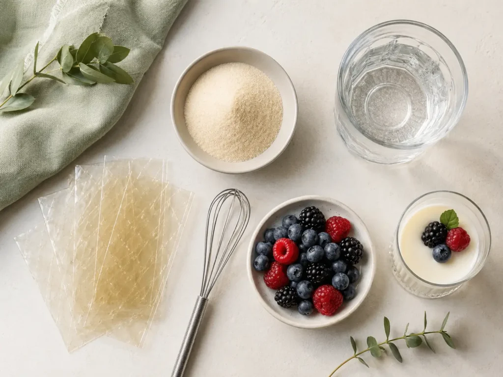 Gelatine Pulver und Blattgelatine als Zutaten für leichte Desserts