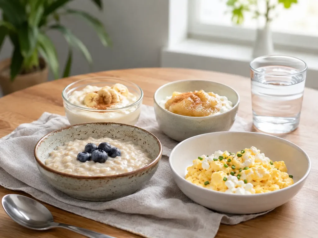 Weiche Frühstücksrezepte bariatrisch mit kleinen Portionen Porridge, Skyr-Creme und Rührei