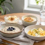 Weiche Frühstücksrezepte bariatrisch mit kleinen Portionen Porridge, Skyr-Creme und Rührei